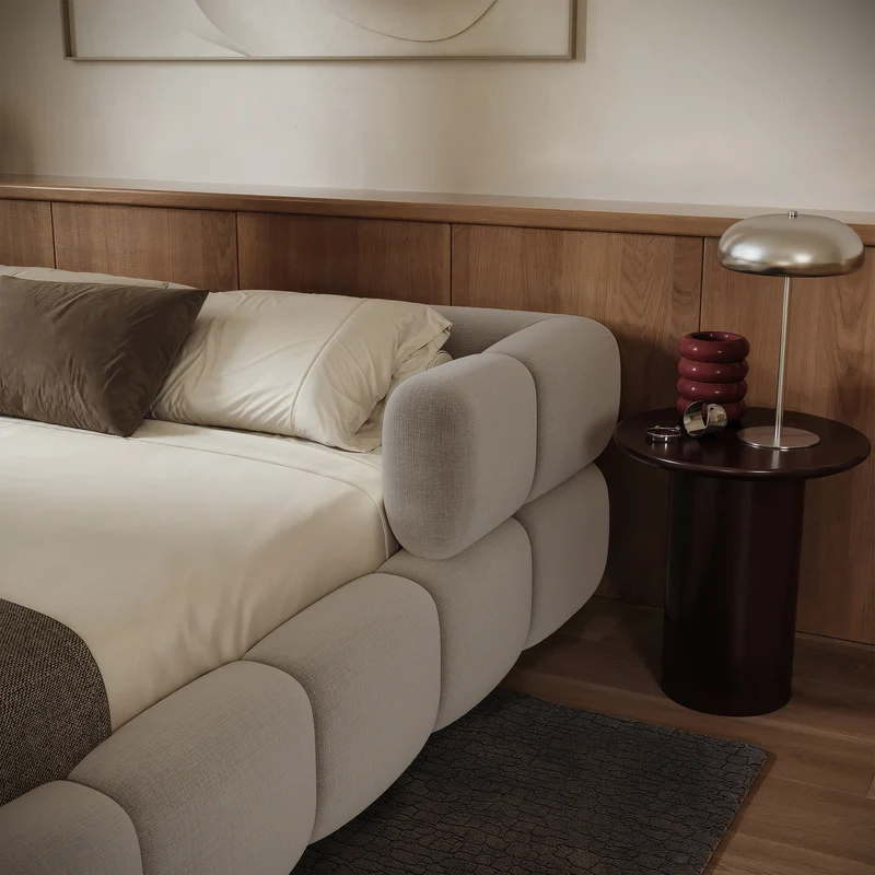 Upholstered bed 140x200 cm Stormi, roll-up slatted frame, light grey hydrophobic chenille, easy-clean