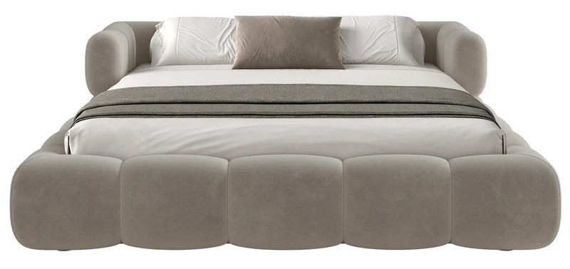 Upholstered bed 140x200 cm Stormi, roll-up slatted frame, light grey hydrophobic chenille, easy-clean