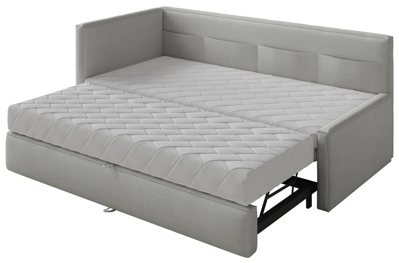 Jugendbett 90x200 cm Nesmi, links ausziehbar, mit hellgrauen, pflegeleichten Chenille-Matratzen