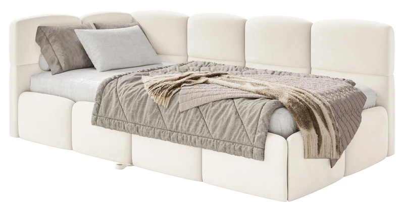 Jugendbett 90x200 cm Cloudy, ausziehbar, linksseitig, mit Matratzen, cremefarbener Velours, wasserabweisend und pflegeleicht