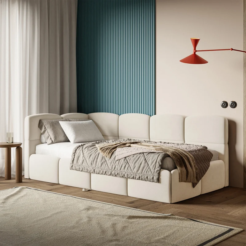 Jugendbett 90x200 cm Cloudy, ausziehbar, linksseitig, mit Matratzen, cremefarbener Velours, wasserabweisend und pflegeleicht
