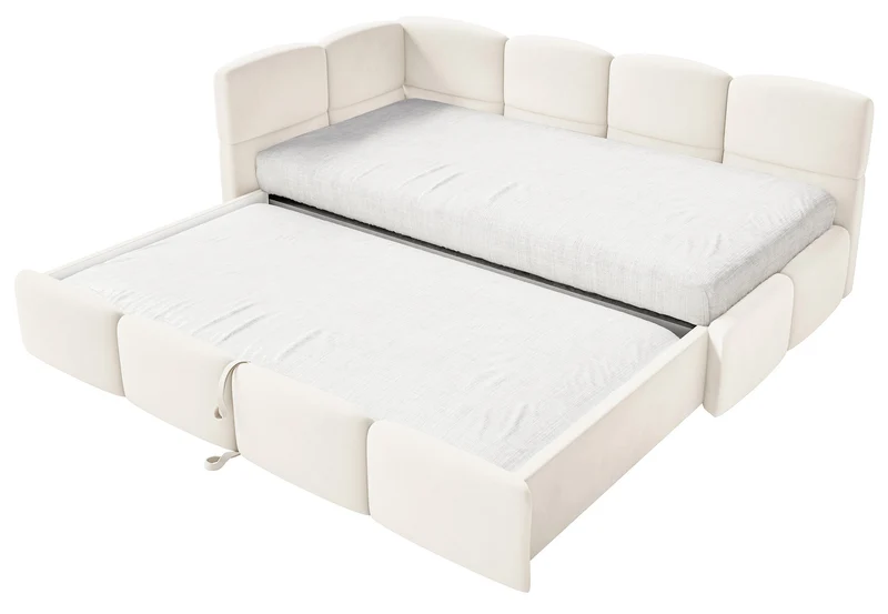 Jugendbett 90x200 cm Cloudy, ausziehbar, linksseitig, mit Matratzen, cremefarbener Velours, wasserabweisend und pflegeleicht