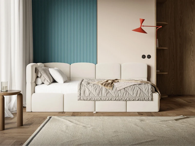 Jugendbett 90x200 cm Cloudy, ausziehbar, linksseitig, mit Matratzen, cremefarbener Velours, wasserabweisend und pflegeleicht