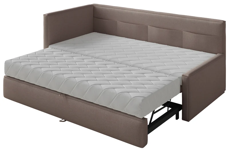 Jugendbett 90x200 cm Nesmi, links ausziehbar, mit Matratzen, hellbrauner Chenille, pflegeleicht
