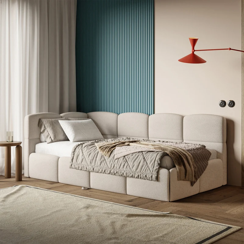 Jugendbett 90x200 cm Cloudy, links ausziehbar, mit Matratzen, cremefarbenes Chenille