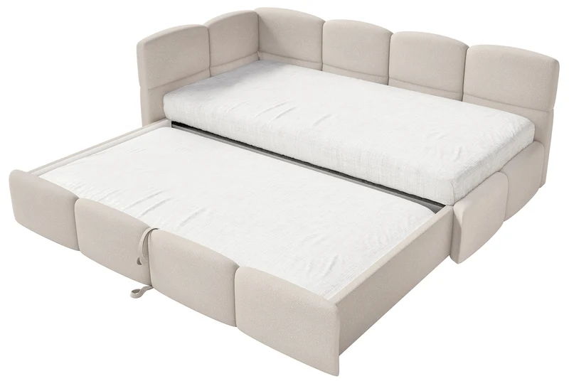 Jugendbett 90x200 cm Cloudy, links ausziehbar, mit Matratzen, cremefarbenes Chenille