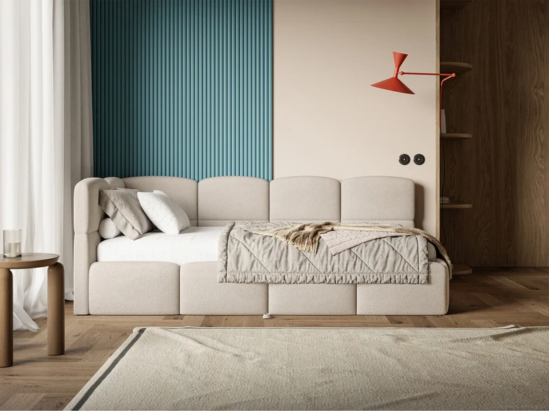 Jugendbett 90x200 cm Cloudy, links ausziehbar, mit Matratzen, cremefarbenes Chenille