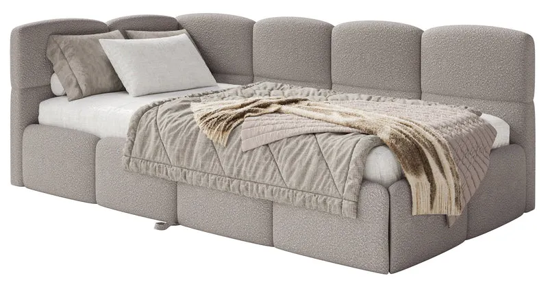 Jugendbett 90x200 cm Cloudy, links ausziehbar, mit hellgrauen Bouclé-Matratzen