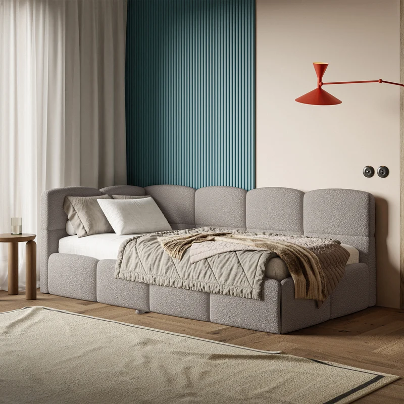 Jugendbett 90x200 cm Cloudy, links ausziehbar, mit hellgrauen Bouclé-Matratzen