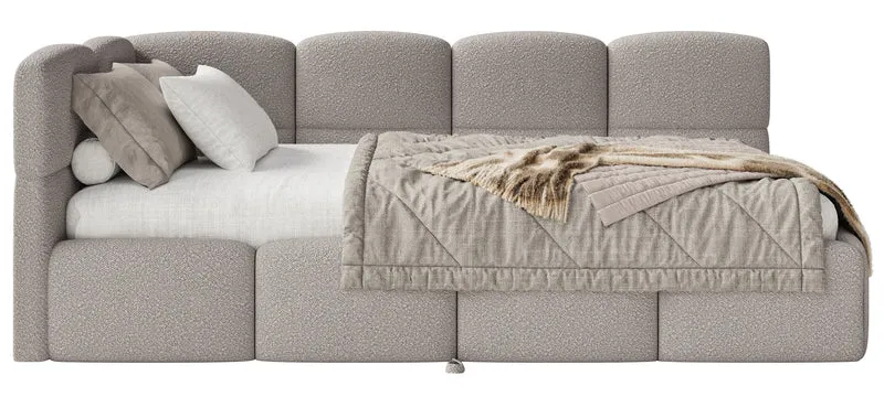 Jugendbett 90x200 cm Cloudy, links ausziehbar, mit hellgrauen Bouclé-Matratzen