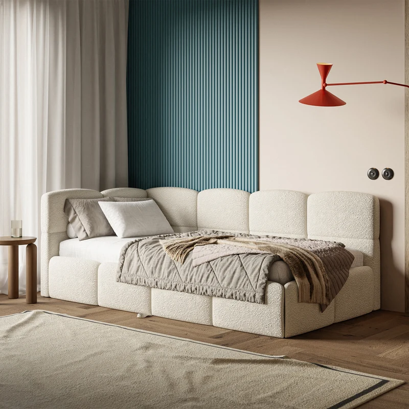 Jugendbett 90x200 cm Cloudy, linksseitig ausziehbar, mit Matratzen, hellbeige Bouclé