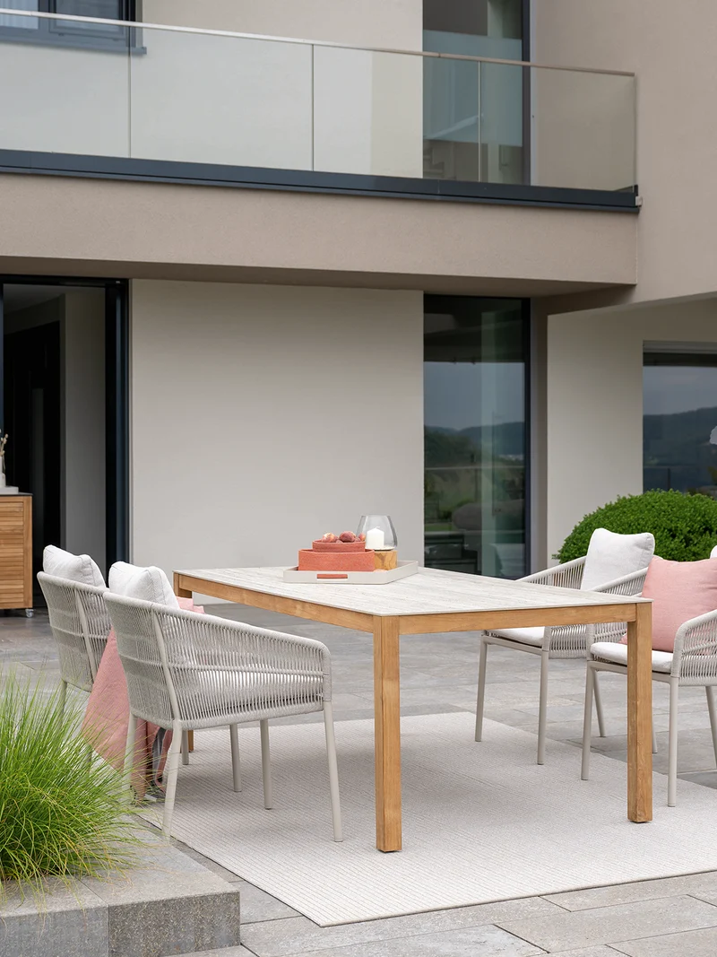 Tisch 200x100 cm Teak Tischplatte Dekton Sediment beige