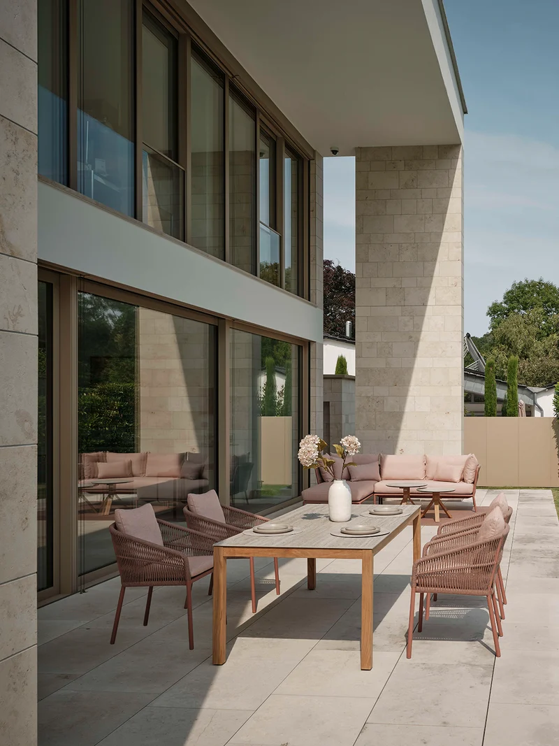 Tisch 200x100 cm Teak Tischplatte Dekton Sediment beige