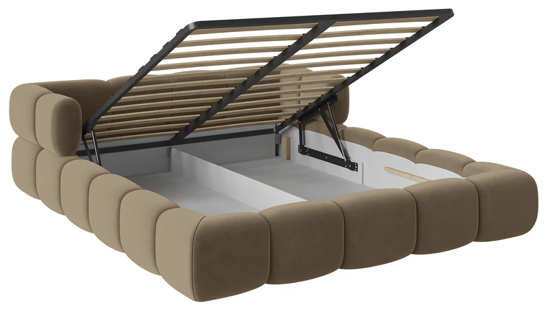 Upholstered bed 200x200 cm Stormi mit Stauraum, Metallrahmen, hellbrauner hydrophober und leicht zu reinigender Chenille