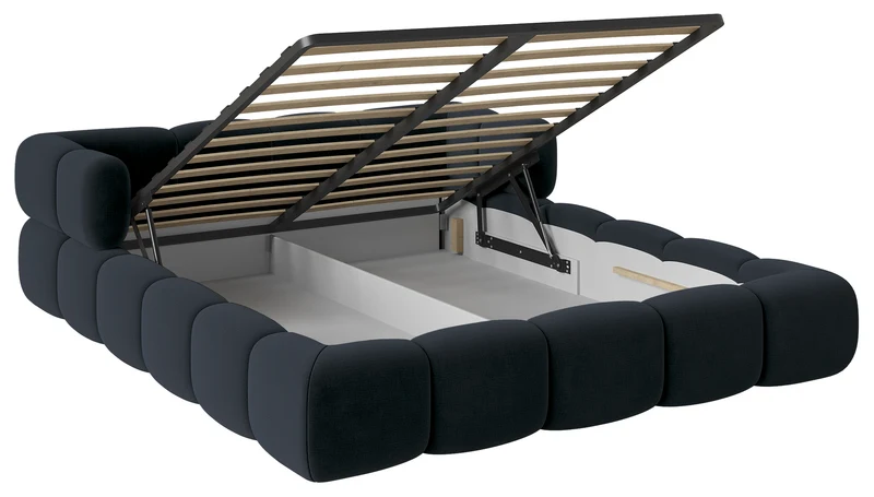Upholstered bed 160x200 cm Stormi with storage, metal frame, navy blue hydrophobic chenille, easy-clean