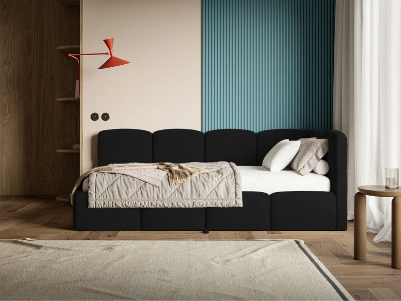 Jugendbett 90x200 cm Cloudy, rechtsseitig ausziehbar, mit Matratzen, schwarzer Velours, wasserabweisend und pflegeleicht