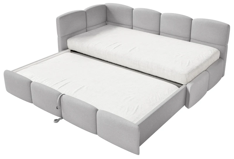 Jugendbett 90x200 cm Cloudy, linksseitig ausziehbar, mit hellgrauen Chenille-Matratzen