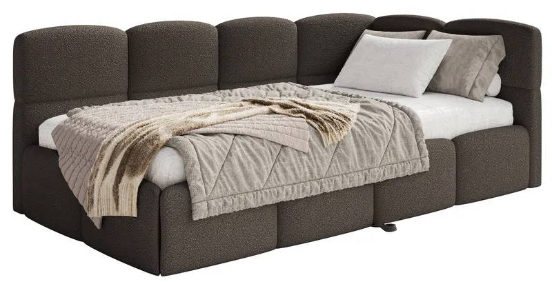 Jugendbett 90x200 cm Cloudy, rechtsseitig ausziehbar, mit Matratzen, braunes Bouclé