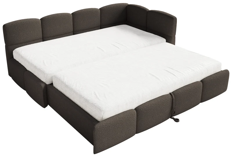 Jugendbett 90x200 cm Cloudy, rechtsseitig ausziehbar, mit Matratzen, braunes Bouclé
