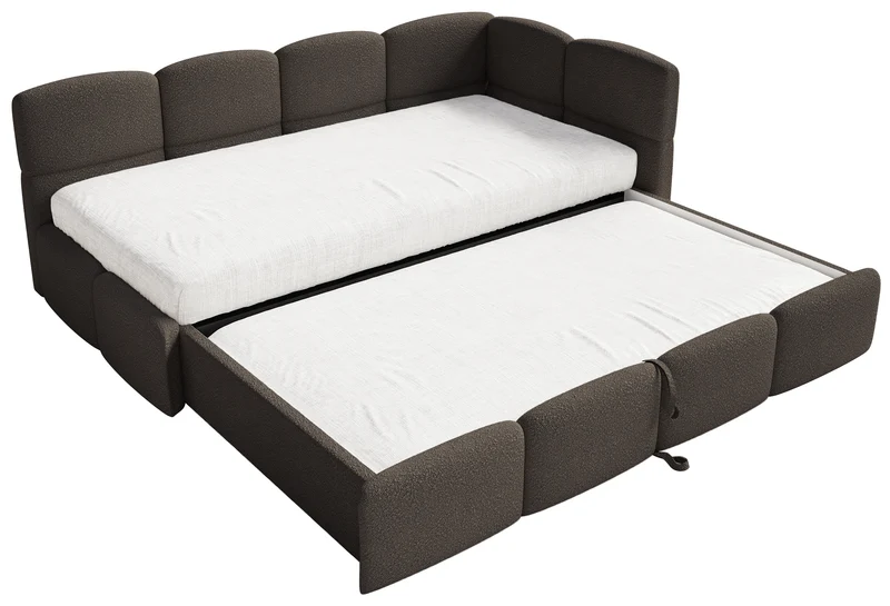 Jugendbett 90x200 cm Cloudy, rechtsseitig ausziehbar, mit Matratzen, braunes Bouclé