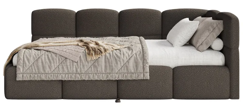 Jugendbett 90x200 cm Cloudy, rechtsseitig ausziehbar, mit Matratzen, braunes Bouclé