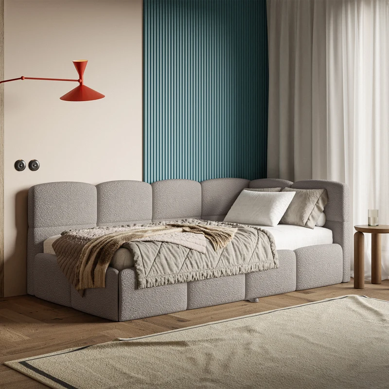 Jugendbett 90x200 cm Cloudy, rechtsseitig ausziehbar, mit hellgrauen Bouclé-Matratzen