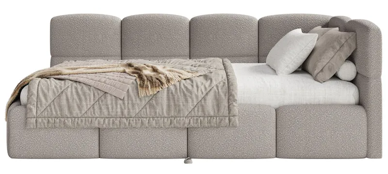 Jugendbett 90x200 cm Cloudy, rechtsseitig ausziehbar, mit hellgrauen Bouclé-Matratzen