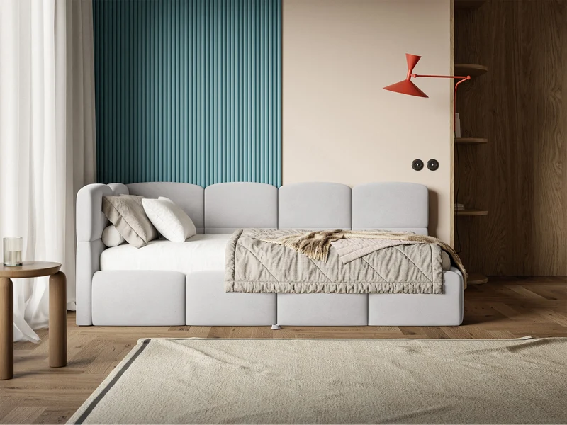 Jugendbett 90x200 cm Cloudy, linksseitig ausziehbar, mit Matratzen, hellgrauer Velours, wasserabweisend und pflegeleicht