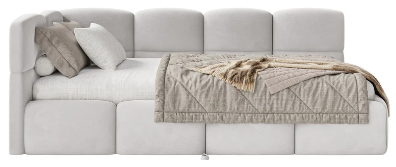 Jugendbett 90x200 cm Cloudy, linksseitig ausziehbar, mit Matratzen, hellgrauer Velours, wasserabweisend und pflegeleicht