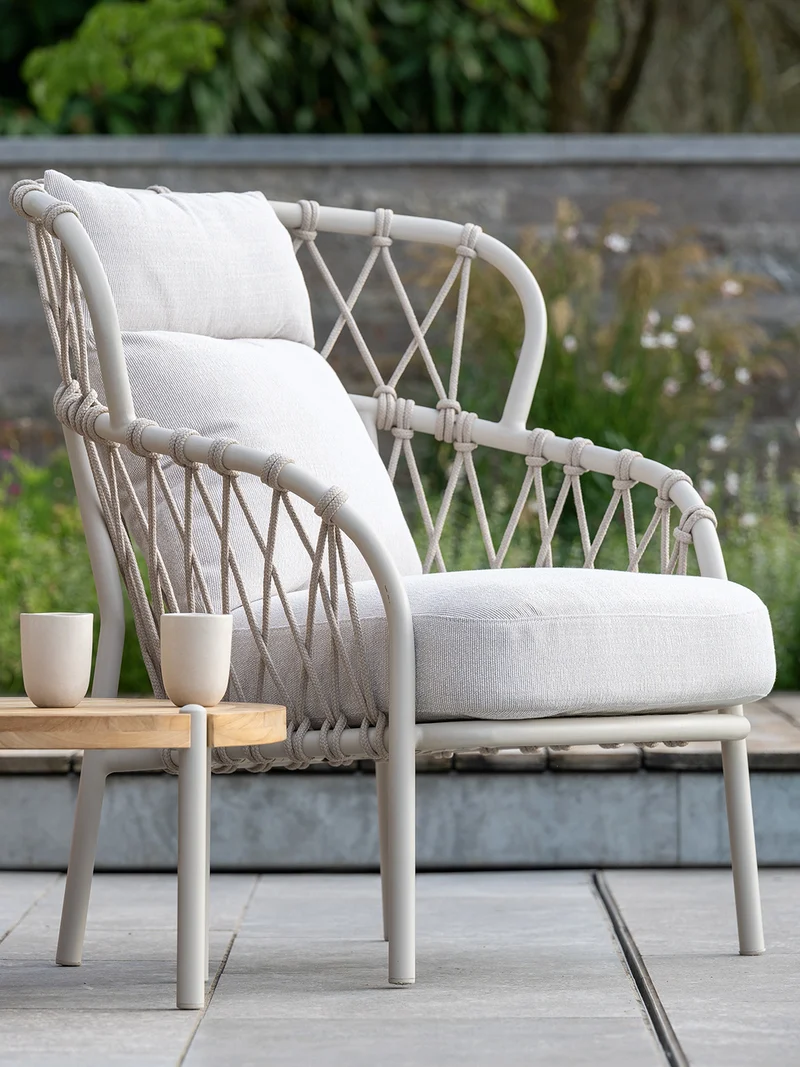 Pfauen-Sessel Klea Aluminium greige Kordel greige Kissenset 100% Polyacryl Vanilla