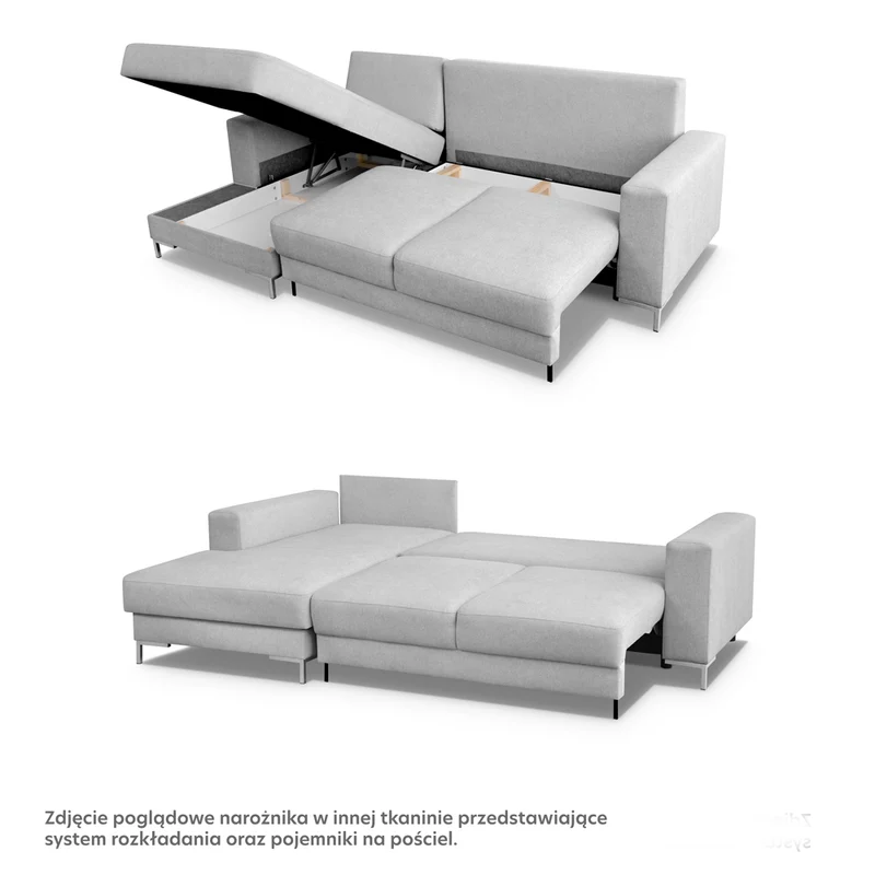 Ecksofa mit Schlafunktion Mokpeo, L-förmig, mit zwei Stauraumfächern, auf schwarzen Füßen, hellbeige, aus leicht zu reinigendem Stoff, linksseitig