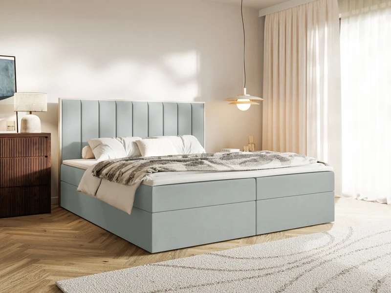 Kontinentalbett 140x200 cm Togents mit Stauraum und Topper, salbeigrüner Velours, wasserabweisend