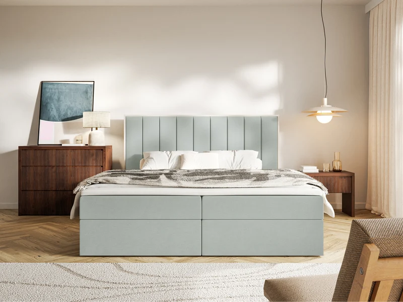 Kontinentalbett 140x200 cm Togents mit Stauraum und Topper, salbeigrüner Velours, wasserabweisend