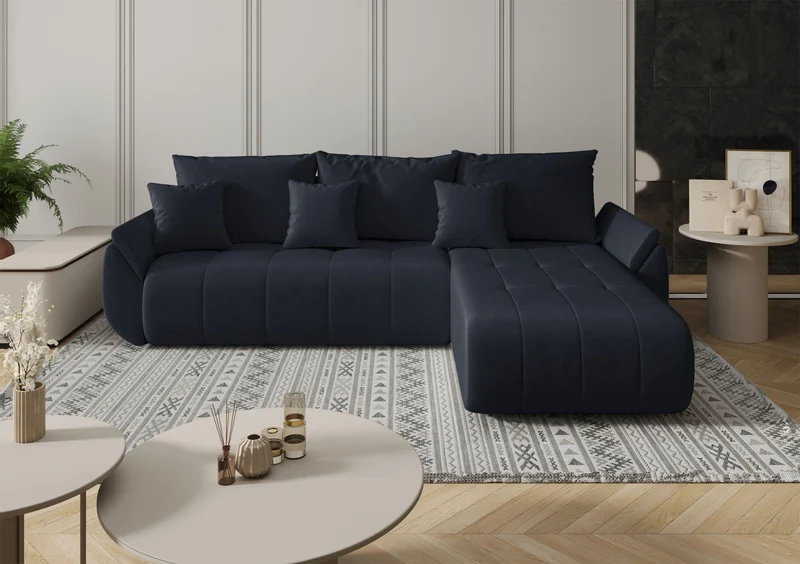 Ecksofa mit Schlaffunktion Romuldi, L-förmig, rechtsseitig, mit Stauraum, anthrazitfarbener, hydrophober Samtstoff