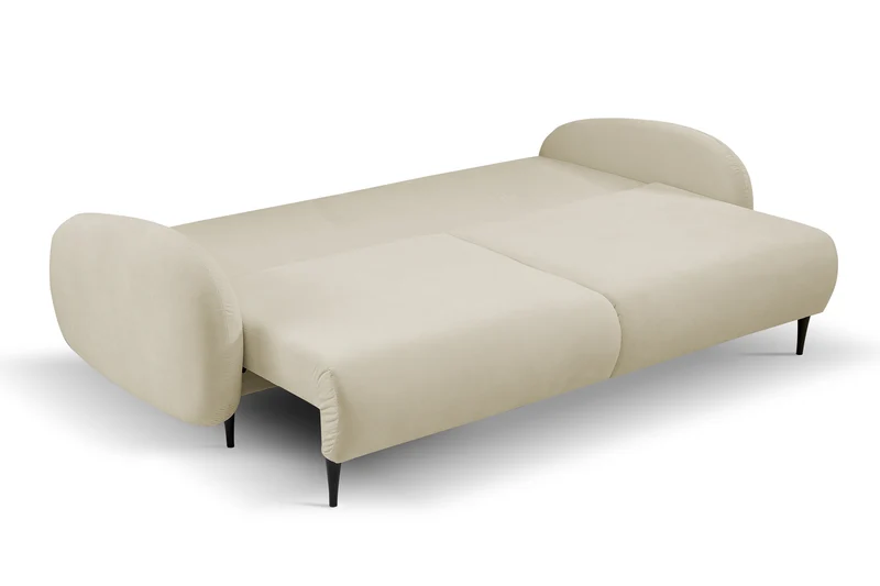Ausklappbare Bafra Couch mit Schlaffunktion und Bettkasten, cremefarbener Cordstoff
