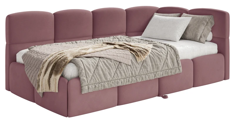 Jugendbett 90x200 cm Cloudy, rechts ausziehbar, mit Matratzen, rosa Velours, wasserabweisend und pflegeleicht