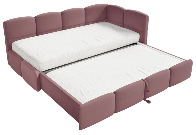 Jugendbett 90x200 cm Cloudy, rechts ausziehbar, mit Matratzen, rosa Velours, wasserabweisend und pflegeleicht