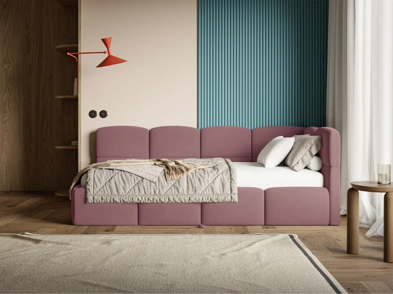 Jugendbett 90x200 cm Cloudy, rechts ausziehbar, mit Matratzen, rosa Velours, wasserabweisend und pflegeleicht