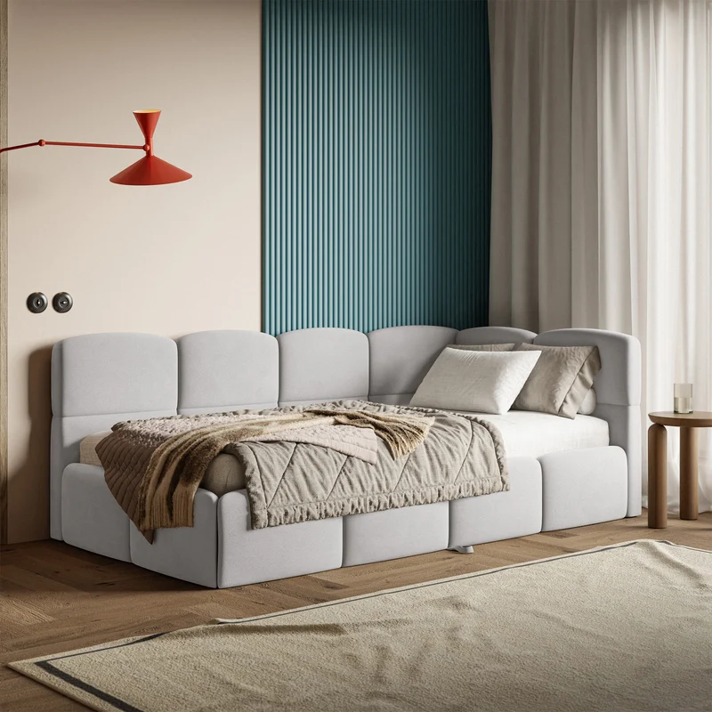 Jugendbett 90x200 cm Cloudy, rechtsseitig ausziehbar, mit Matratzen, hellgrauer Velours, wasserabweisend und pflegeleicht