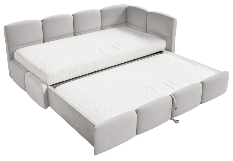 Jugendbett 90x200 cm Cloudy, rechtsseitig ausziehbar, mit Matratzen, hellgrauer Velours, wasserabweisend und pflegeleicht