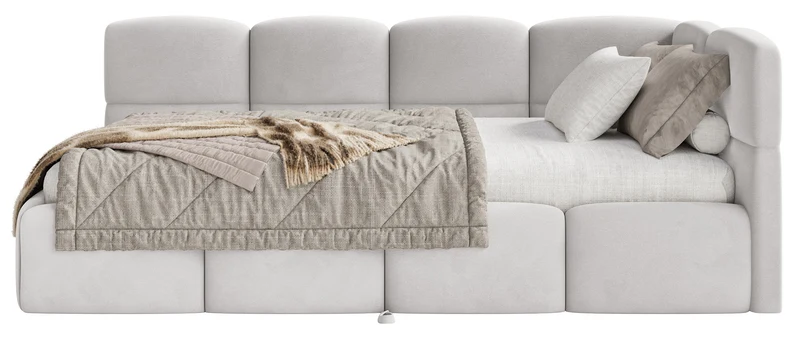 Jugendbett 90x200 cm Cloudy, rechtsseitig ausziehbar, mit Matratzen, hellgrauer Velours, wasserabweisend und pflegeleicht