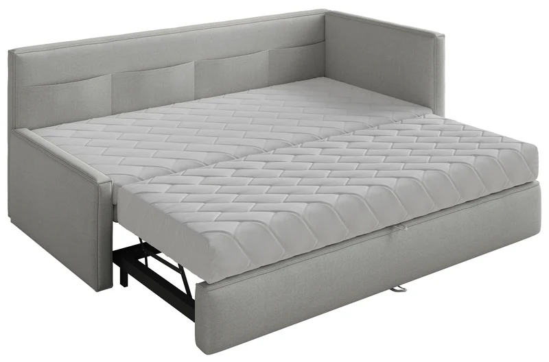 Jugendbett 90x200 cm Nesmi, rechtsseitig ausziehbar, mit hellgrauen, leicht zu reinigenden Chenille-Matratzen