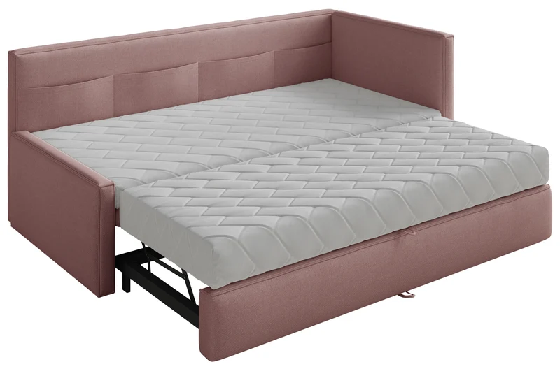 Jugendbett 90x200 cm Nesmi, rechts ausziehbar, mit Matratzen, dirty pink Chenille, pflegeleicht