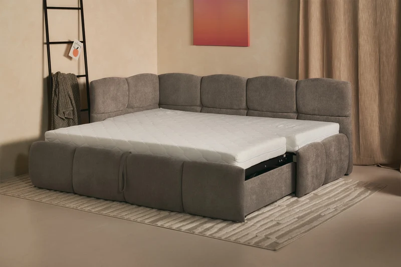Jugendbett 90x200 cm Cloudy, ausziehbar, linksseitig, mit Matratzen, hellbrauner Chenille