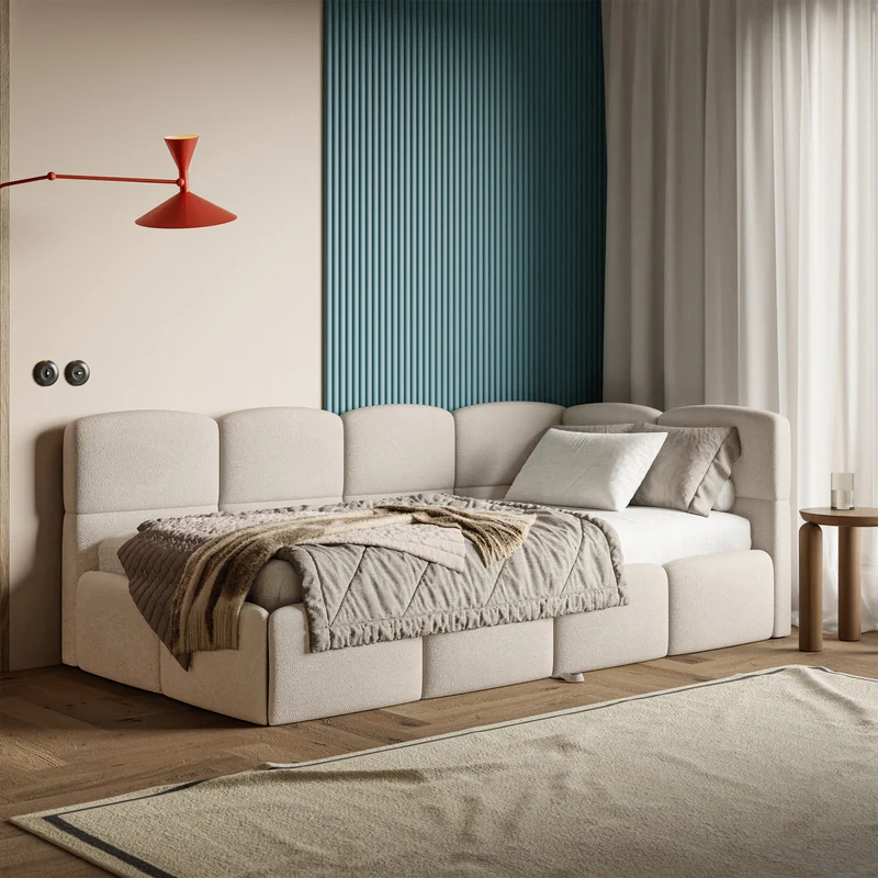 Jugendbett 90x200 cm Cloudy, ausziehbar, rechtsseitig, mit Matratzen, cremefarbener Chenille