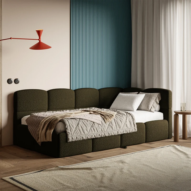 Jugendbett 90x200 cm Cloudy, rechtsseitig ausziehbar, mit Matratzen, olivgrünes Bouclé