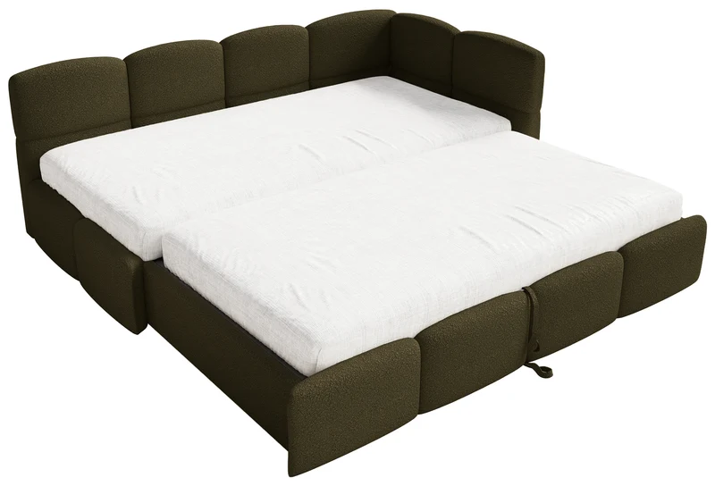 Jugendbett 90x200 cm Cloudy, rechtsseitig ausziehbar, mit Matratzen, olivgrünes Bouclé