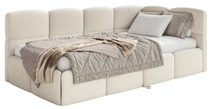 Jugendbett 90x200 cm Cloudy, rechtsseitig ausziehbar, mit Matratzen, hellbeige Bouclé