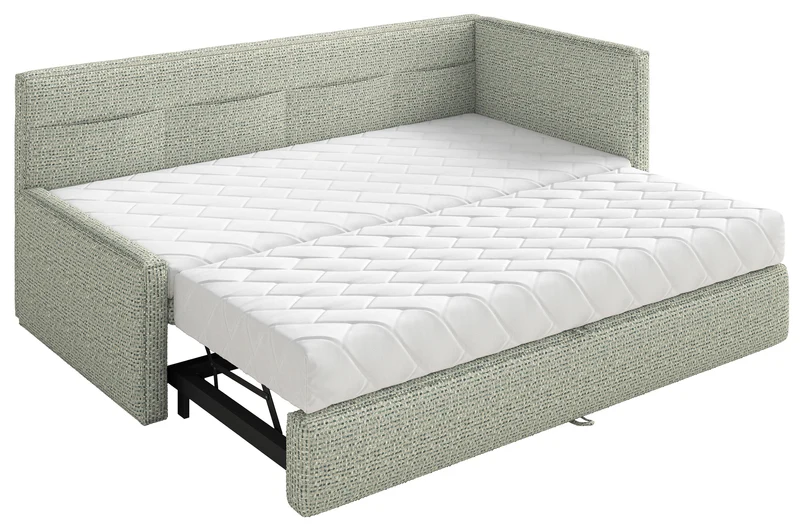 Jugendbett 90x200 cm Nesmi, ausziehbar, rechtsseitig, mit Matratzen in Salbeigrün Flechtoptik