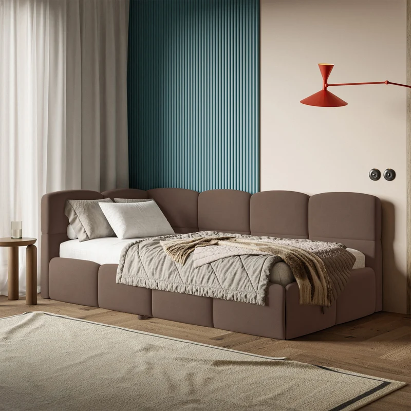 Jugendbett 90x200 cm Cloudy, ausziehbar, linksseitig, mit Matratzen, brauner Velours, wasserabweisend und pflegeleicht